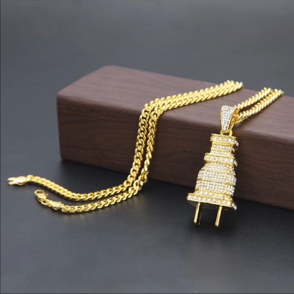Gold Plated full iced out plug pendant necklace - Picture 1 of 2
